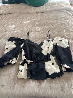 Tanya Taylor Black & White Puff-Sleeve Off-Shoulder Peplum Top